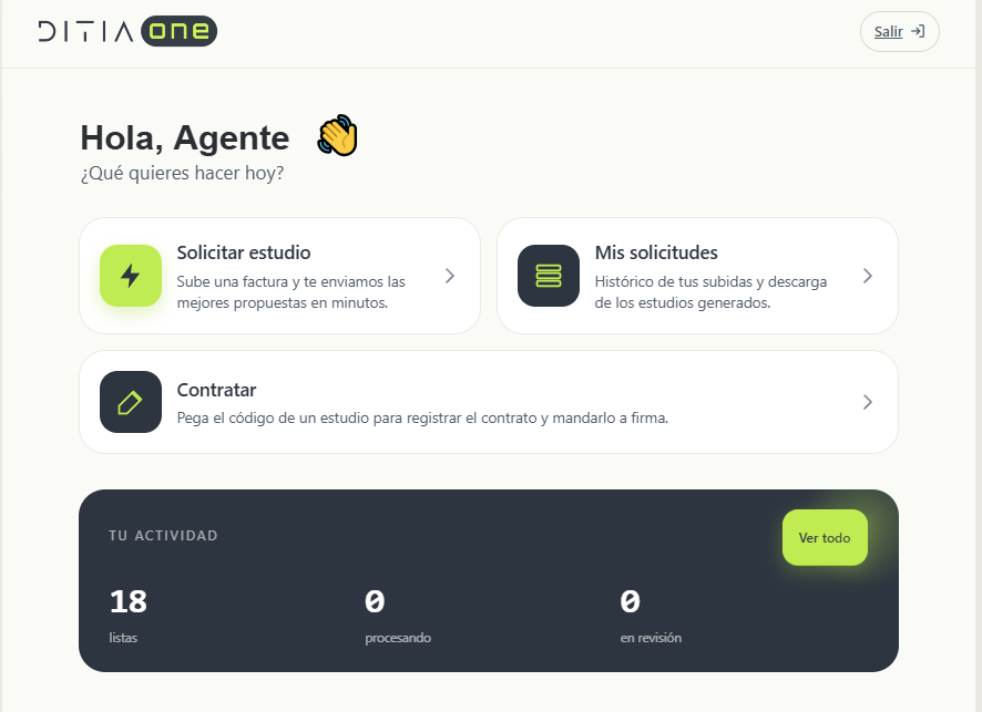 Panel de DITIA ONE: Hola, Agente. Solicitar estudio, mis solicitudes y contratar